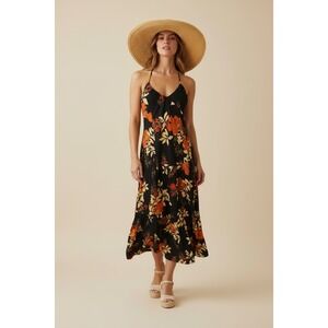 NEW H&M‎ Floral Print Halter Maxi Dress Size US 16 Black Orange Sleeveless